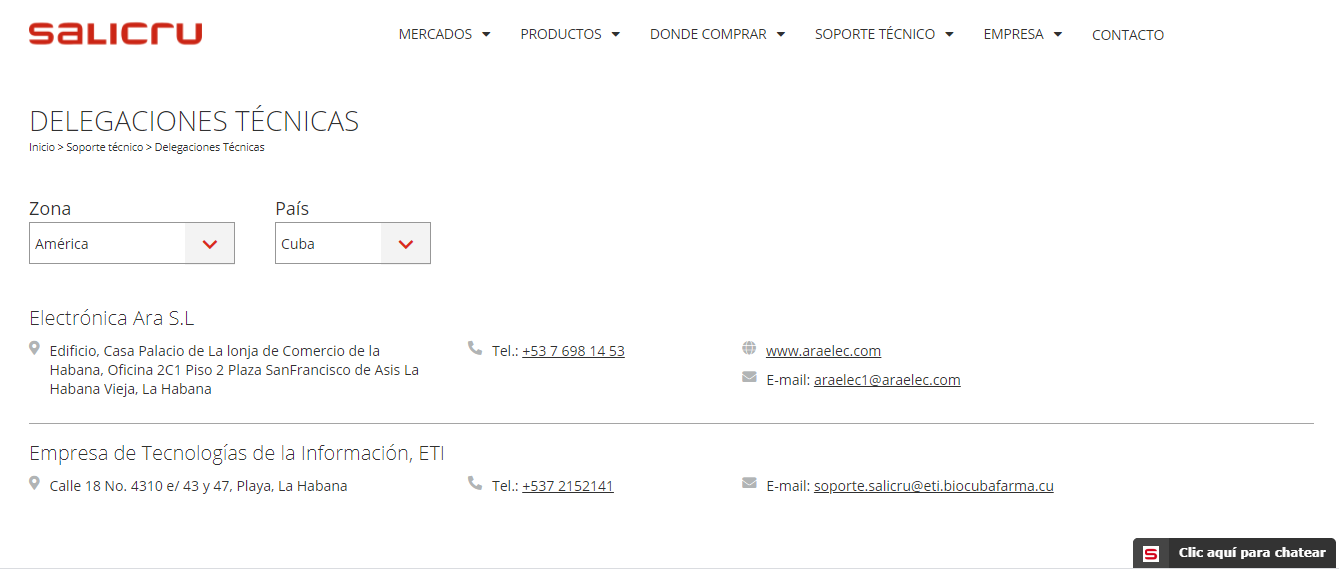 portal web de Salicru. Recnocimiento a la ETI como delegación técnica para Cuba